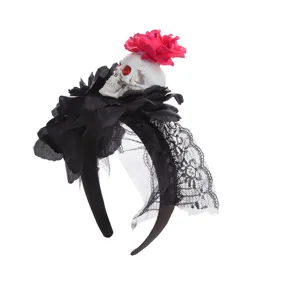 Halloween skull headband with lace veil and rose flower, dark party gothic hair hoop.