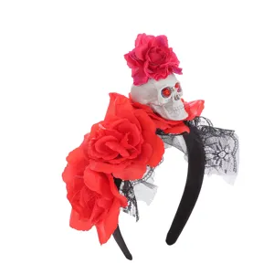 Halloween skull rose headband with black lace mesh and red rhinestone gems for party.
