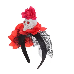 Halloween skull headband with red rose and black lace design for spooky party costume headwear.