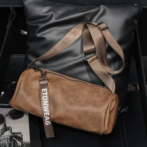 Elegante borsa a tracolla cilindrica marrone per uomo e donna, borsa casual in pelle PU.