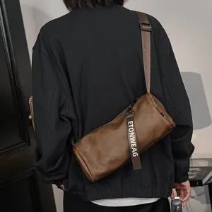 Elegante borsa a tracolla cilindrica marrone da uomo, borsa casual in pelle PU con stile.