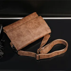 Men's brown PU leather casual shoulder bag, large capacity business messenger bag for daily use.