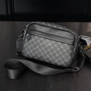 Men casual messenger shoulder bag stylish crossbody bag with geometric monogram pattern and leather.