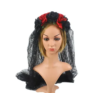 Halloween Gothic Lace Veil Headband With Rose Flower Black Mesh Hair Hoop Party Hair Accessories For Women