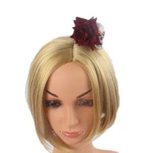 Halloween gothique rouge rose fleur et crane pince a cheveux pour fete et costume