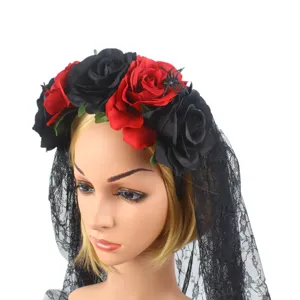 Close-up detail of the Halloween black lace veil headband featuring red and black roses.