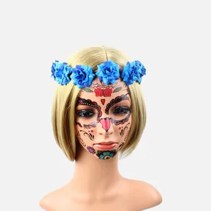 Close up view of blue artificial flower garland, bohemian hair accessory for vacation.