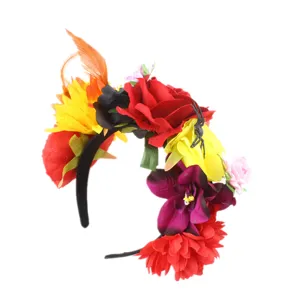 Detailed view of Halloween floral headband with colorful artificial flowers and feathers.