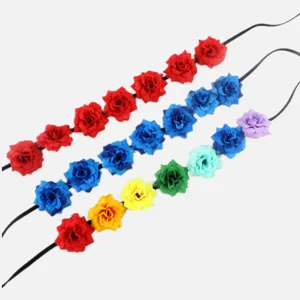 Close up detail of colorful floral hair band simulation rose headband for vacation.