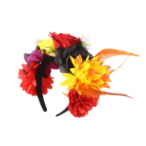 Detailed close-up of a vibrant floral feather headband featuring colorful roses and orange plumes.