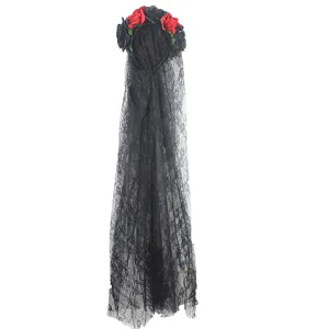 Halloween black lace veil headband with red and black roses for party festival hair accessories
