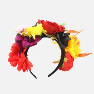 Colorful floral feather headband for Halloween party, Mexican Day of the Dead hair accessories