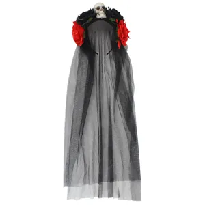 Serre-tête voile rose crâne Halloween détail, résille noire fleurs rouges accessoire cheveux.