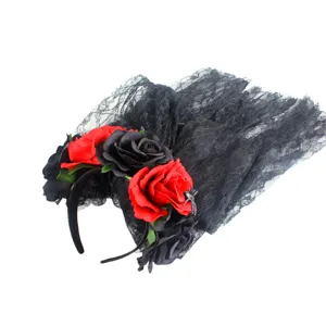 Halloween black red rose lace veil headband Gothic party hair accessory hoop decoration