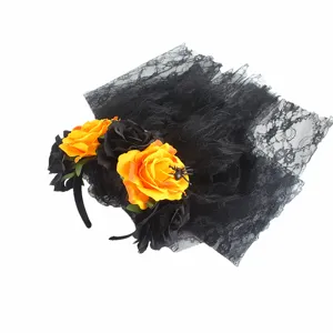 Halloween lace veil headband with black orange roses and spider for party costume hair accessory