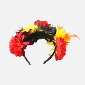 Colorful floral feather headband for Halloween party, Mexican day of the dead headpiece