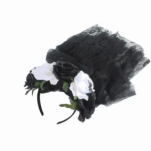 Halloween black lace veil headband with gothic rose flowers and spider, perfect for party.