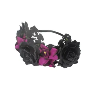 Serre-tête rose noire et violette gothique vue de détail pour fête d'Halloween.