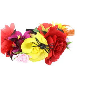 Halloween floral headband with colorful fabric roses and spider, perfect for festival party wear.