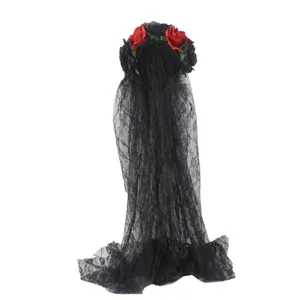 Halloween black lace veil headband with red and black roses, gothic party hair accessory.
