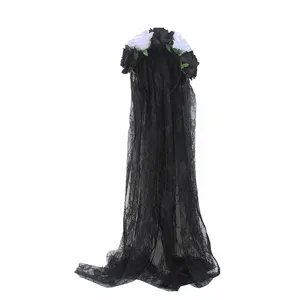 Closeup of Halloween black lace veil headband with black and white roses for party costume