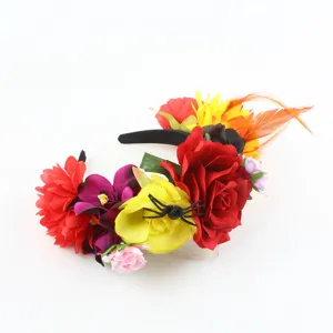 Halloween party floral headband detailed view featuring colorful artificial roses and spider.