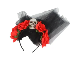 Serre-tête Halloween tête de mort fleurs avec voile filet noir pour déguisement.