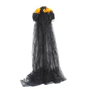 Halloween black lace veil headband with gothic rose flowers, detailed party hair accessory.