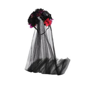 Halloween bloemen sluier haarband met zwart net en schedeldecoratie voor feestkostuum.