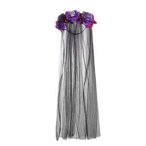 Halloween schedel bloem gaas haarband goth heks feest haaraccessoire zwarte sluier kostuum