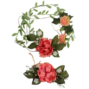 Boho floral crown set with pink peony, green leaves and vine for holiday party hair accessory