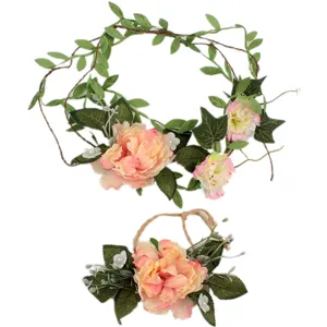 Bohemian floral crown and wristband set, artificial peony flower hair accessories.