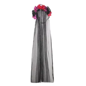 Halloween schedel bloem hoofdband met zwarte gaas sluier feestuum haaraccessoire.
