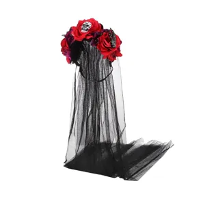 Halloween schedel rozen sluier haarband heks kostuum feest haaraccessoire zwart gaas