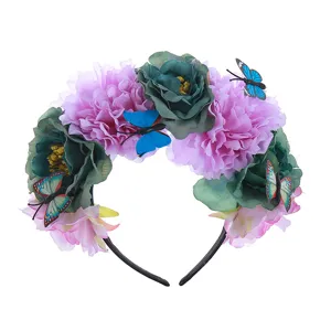 Floral butterfly headband for women, artificial peony hair hoop for party holiday costume.
