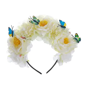 Detailed view of white floral butterfly hair hoop, elegant costume headband for party use.