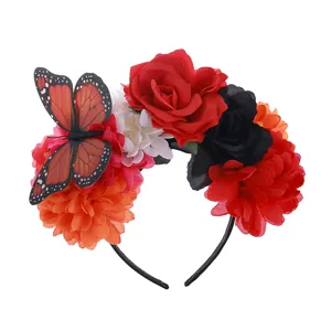Cerchietto floreale con farfalla retrò, fascia per capelli con fiori finti per festa Halloween.