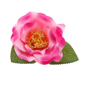 Detailed close-up view of a vibrant pink artificial camellia hair flower with green leaves.