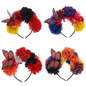 Cerchietto con Farfalla e Fiore Artificiale Retro per Donna Festa di Halloween Accessori per Capelli Copricapo Messicano Fascia in Tessuto