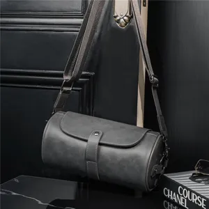 Stylish vintage grey cylindrical shoulder bag for men and women, premium crossbody design.