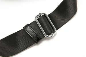 Adjustable replacement shoulder strap for bags, black webbing with metal buckle and loop.