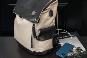 Elegante zaino in pelle bicolore da uomo con porta di ricarica USB, borsa casual.