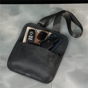 Men retro leather shoulder bag dark grey casual crossbody chest bag daily travel urban minimalist