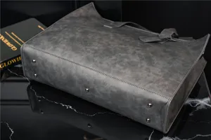 Grey PU leather tote bag stylish casual large capacity shoulder handbag for daily wear.