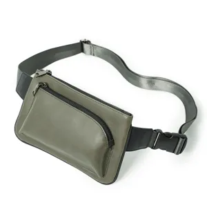 Grey-green men's casual chest bag, versatile crossbody waist bag with zipper pocket and strap.