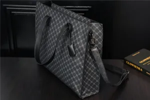 Detailed side view of black PU leather tote bag, showing strap and textured pattern.