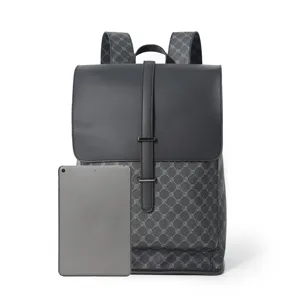 Stylish men grey patterned leather backpack large capacity casual travel book bag