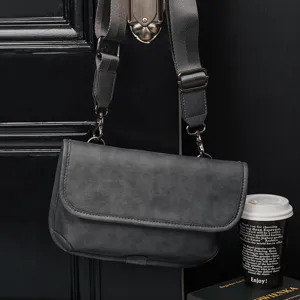 Mens vintage casual shoulder bag solid color crossbody bag dark grey stylish men daily bag