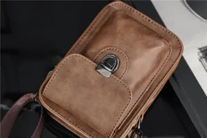 Vintage heren telefoon schoudertas detail, PU leer mini crossbody tas met metalen slot.