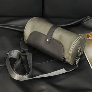 Retro Cylindrical PU Leather Shoulder Bag Casual Crossbody Bag Fashion Men Women Solid Color Waterproof Handbag